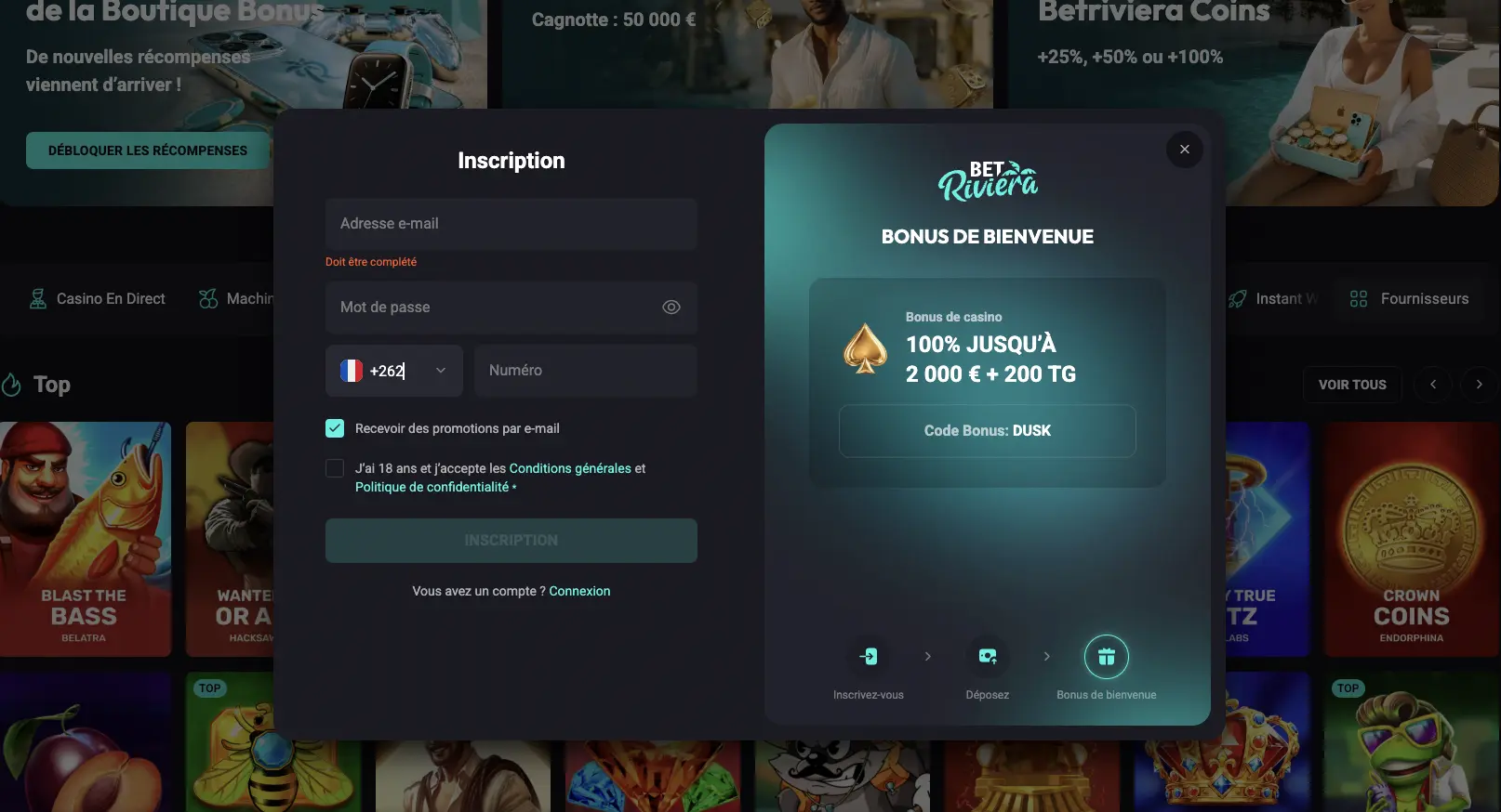 Formulaire d'inscription au casino en ligne Bet Rivieara